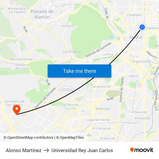 Alonso Martínez to Universidad Rey Juan Carlos map