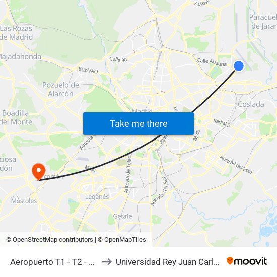 Aeropuerto T1 - T2 - T3 to Universidad Rey Juan Carlos map