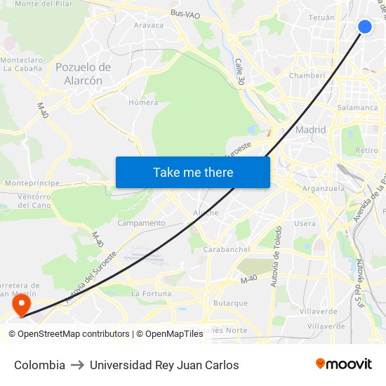 Colombia to Universidad Rey Juan Carlos map