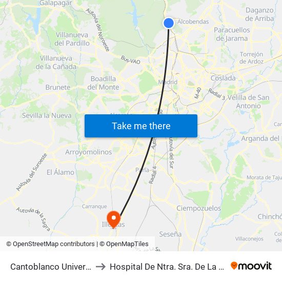 Cantoblanco Universidad to Hospital De Ntra. Sra. De La Caridad map