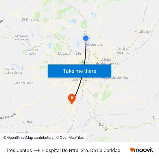 Tres Cantos to Hospital De Ntra. Sra. De La Caridad map
