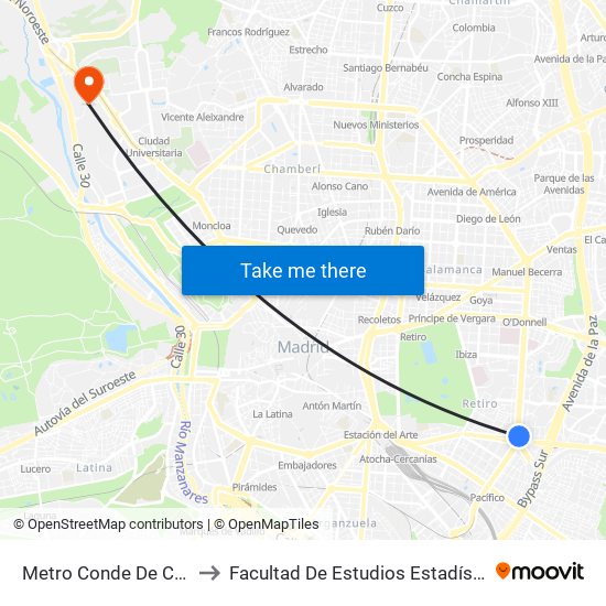 Metro Conde De Casal to Facultad De Estudios Estadísticos map