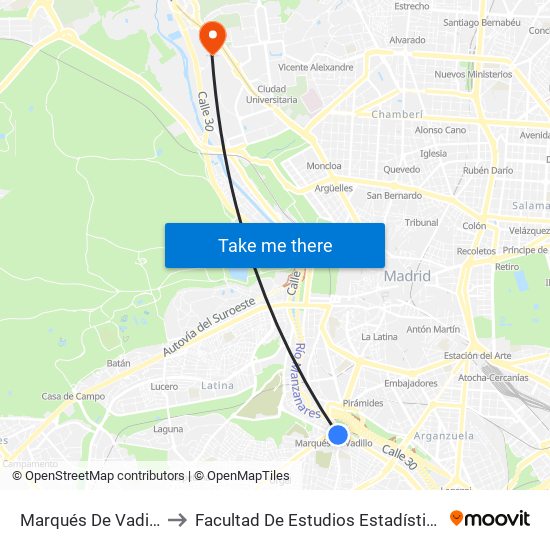 Marqués De Vadillo to Facultad De Estudios Estadísticos map