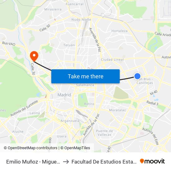 Emilio Muñoz - Miguel Yuste to Facultad De Estudios Estadísticos map