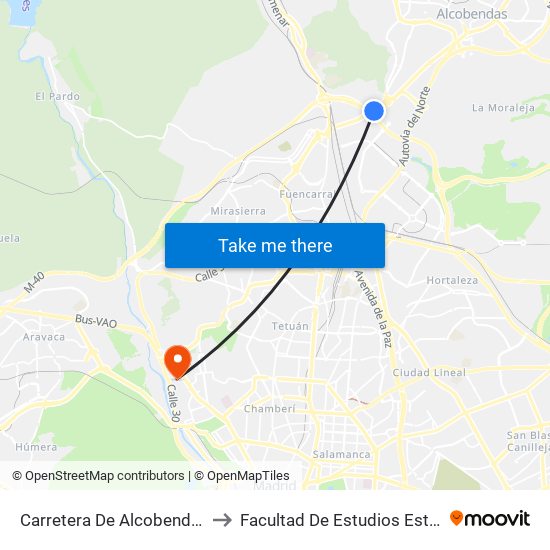 Carretera De Alcobendas - M40 to Facultad De Estudios Estadísticos map