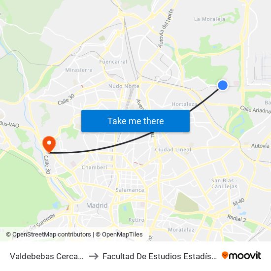 Valdebebas Cercanías to Facultad De Estudios Estadísticos map
