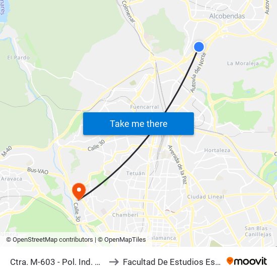 Ctra. M-603 - Pol. Ind. Calabozos to Facultad De Estudios Estadísticos map