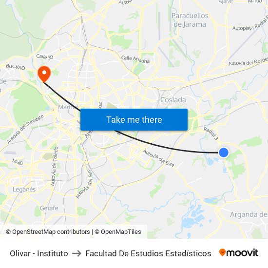Olivar - Instituto to Facultad De Estudios Estadísticos map