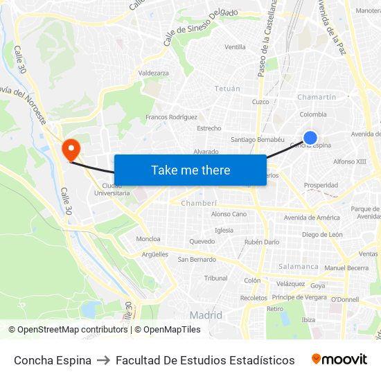Concha Espina to Facultad De Estudios Estadísticos map