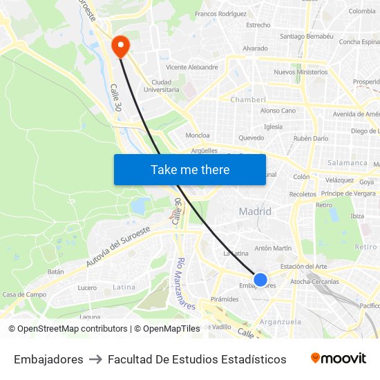 Embajadores to Facultad De Estudios Estadísticos map