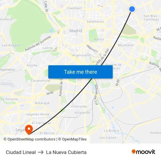 Ciudad Lineal to La Nueva Cubierta map
