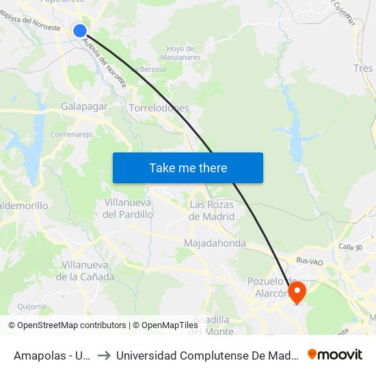 Amapolas - Urb. Los Valles to Universidad Complutense De Madrid (Campus De Somosaguas) map