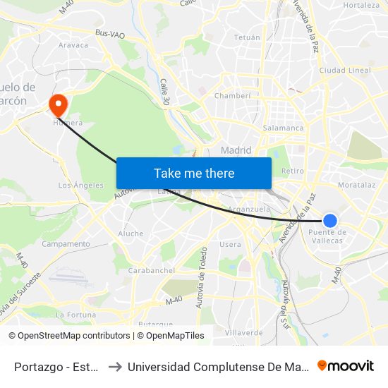 Portazgo - Estadio De Vallecas to Universidad Complutense De Madrid (Campus De Somosaguas) map