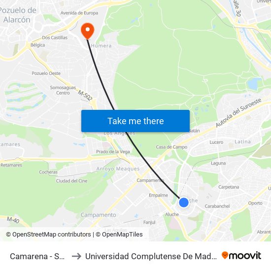 Camarena - Sagrada Familia to Universidad Complutense De Madrid (Campus De Somosaguas) map