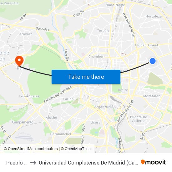 Pueblo Nuevo to Universidad Complutense De Madrid (Campus De Somosaguas) map