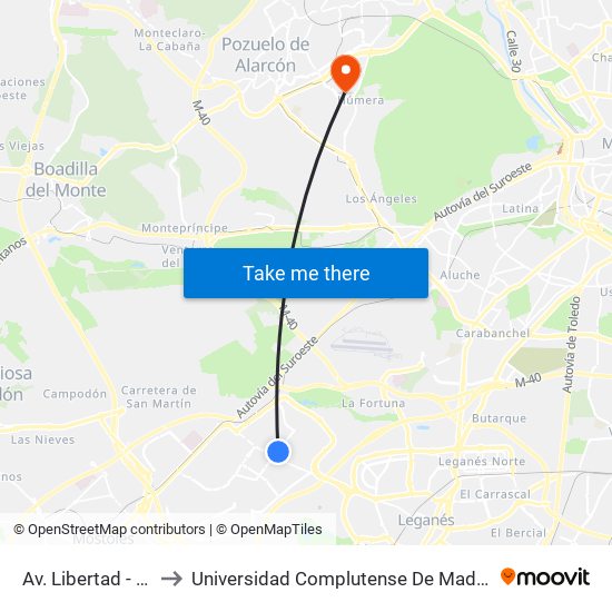 Av. Libertad - Puerta Del Sur to Universidad Complutense De Madrid (Campus De Somosaguas) map