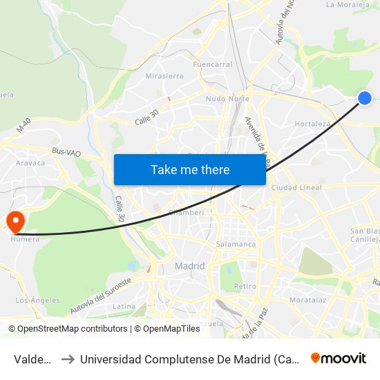 Valdebebas to Universidad Complutense De Madrid (Campus De Somosaguas) map