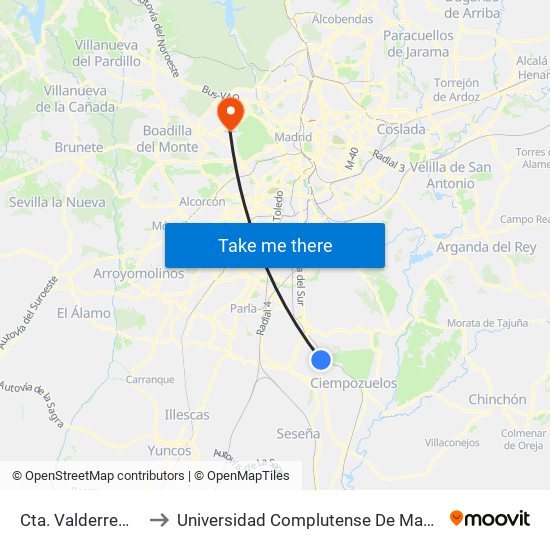 Cta. Valderremata - Tanatorio to Universidad Complutense De Madrid (Campus De Somosaguas) map