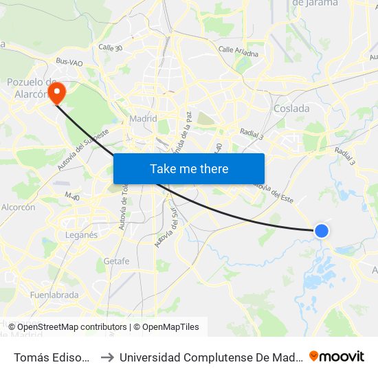 Tomás Edison - C. C. H2ocio to Universidad Complutense De Madrid (Campus De Somosaguas) map