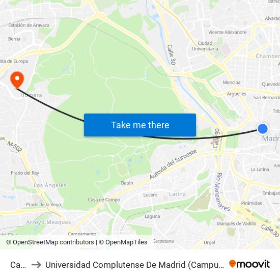 Callao to Universidad Complutense De Madrid (Campus De Somosaguas) map