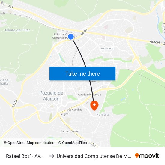 Rafael Botí - Avenida Navacerrada to Universidad Complutense De Madrid (Campus De Somosaguas) map