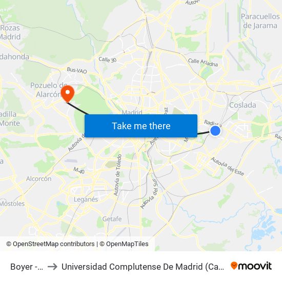 Boyer - Rivas to Universidad Complutense De Madrid (Campus De Somosaguas) map