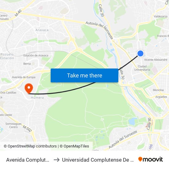 Avenida Complutense - Jardín Botánico to Universidad Complutense De Madrid (Campus De Somosaguas) map