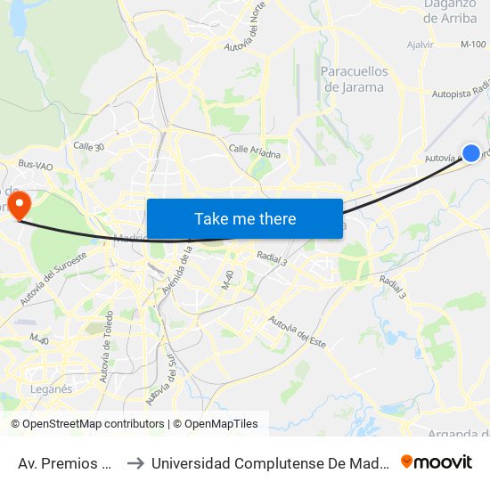 Av. Premios Nobel - Puente to Universidad Complutense De Madrid (Campus De Somosaguas) map