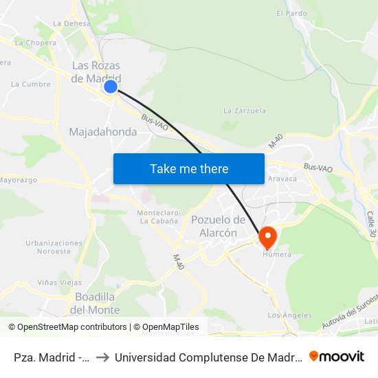 Pza. Madrid - Ctra. Coruña to Universidad Complutense De Madrid (Campus De Somosaguas) map