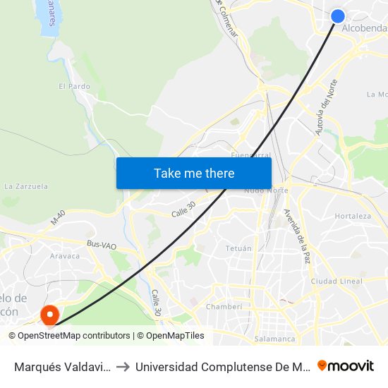 Marqués Valdavia - Manuel De Falla to Universidad Complutense De Madrid (Campus De Somosaguas) map