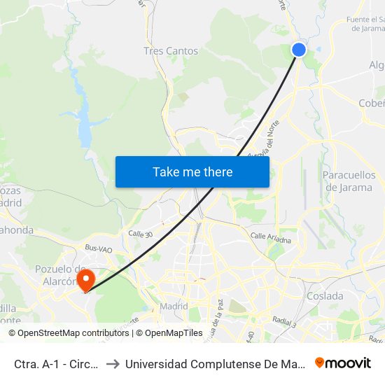 Ctra. A-1 - Circuito Del Jarama to Universidad Complutense De Madrid (Campus De Somosaguas) map