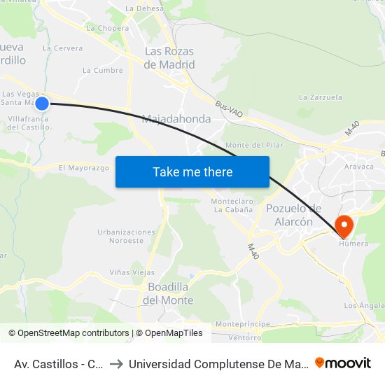 Av. Castillos - Castillo Barcience to Universidad Complutense De Madrid (Campus De Somosaguas) map