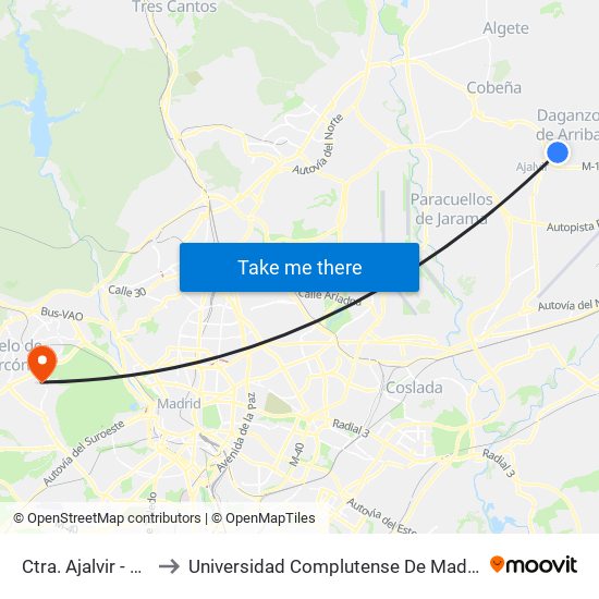 Ctra. Ajalvir - Pol. Ind. Gitesa to Universidad Complutense De Madrid (Campus De Somosaguas) map