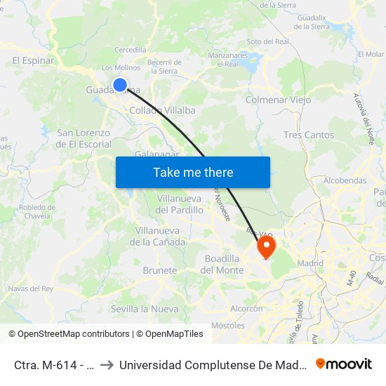 Ctra. M-614 - Urb. El Peñón to Universidad Complutense De Madrid (Campus De Somosaguas) map