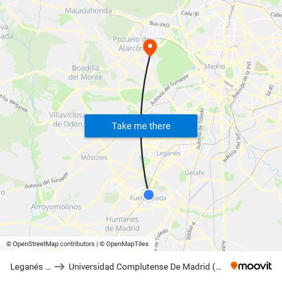 Leganés - Cuzco to Universidad Complutense De Madrid (Campus De Somosaguas) map