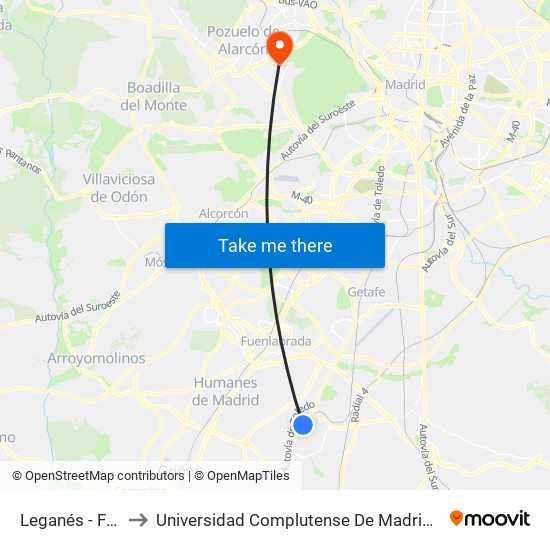 Leganés - Fuenlabrada to Universidad Complutense De Madrid (Campus De Somosaguas) map