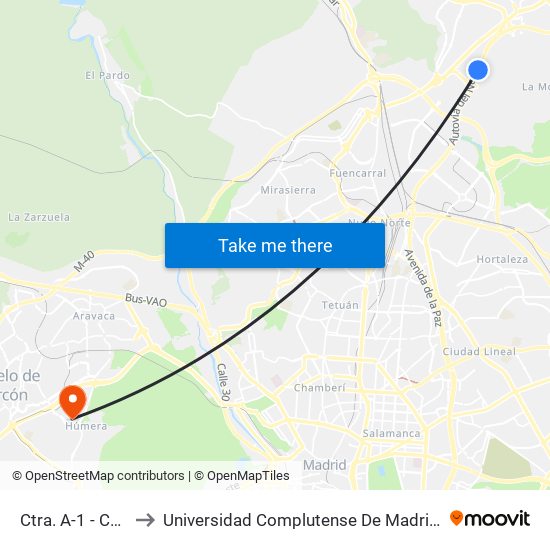 Ctra. A-1 - Cuesta Blanca to Universidad Complutense De Madrid (Campus De Somosaguas) map