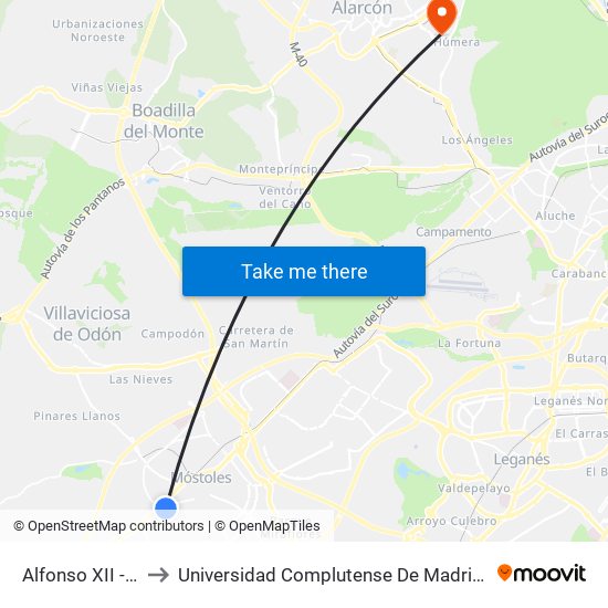 Alfonso XII - Río Tormes to Universidad Complutense De Madrid (Campus De Somosaguas) map