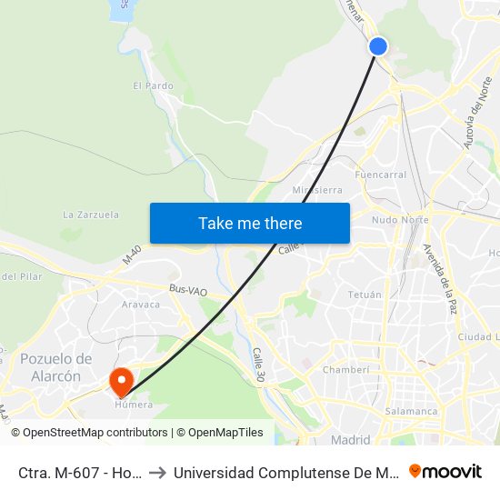 Ctra. M-607 - Hospital Psiquiátrico to Universidad Complutense De Madrid (Campus De Somosaguas) map