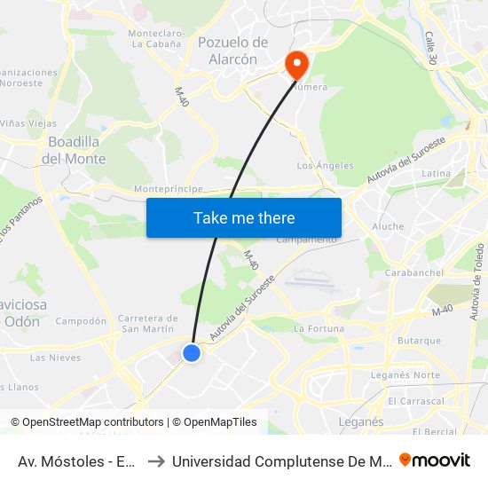 Av. Móstoles - Est. Alcorcón Central to Universidad Complutense De Madrid (Campus De Somosaguas) map