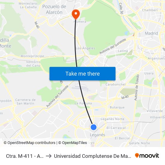 Ctra. M-411 - Av. Mediterráneo to Universidad Complutense De Madrid (Campus De Somosaguas) map