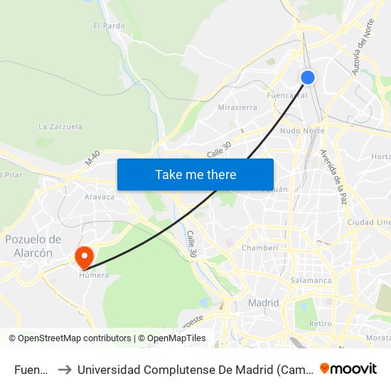 Fuencarral to Universidad Complutense De Madrid (Campus De Somosaguas) map