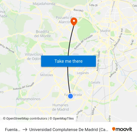 Fuenlabrada to Universidad Complutense De Madrid (Campus De Somosaguas) map
