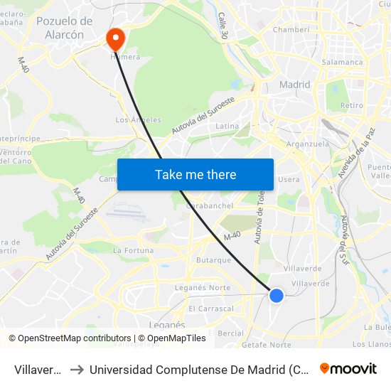 Villaverde Alto to Universidad Complutense De Madrid (Campus De Somosaguas) map