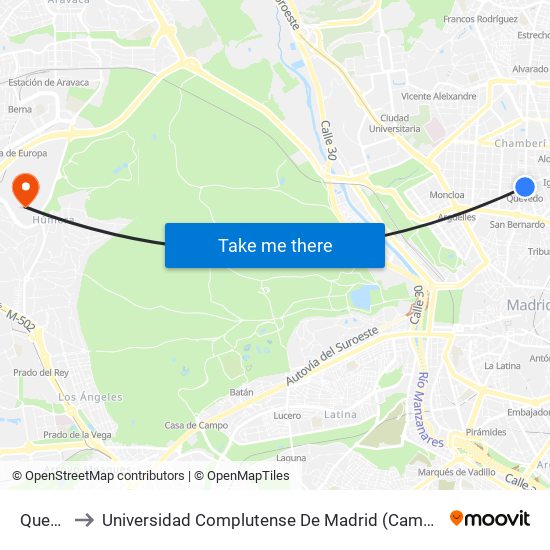 Quevedo to Universidad Complutense De Madrid (Campus De Somosaguas) map