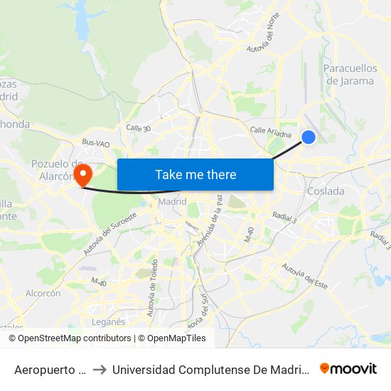 Aeropuerto T1 - T2 - T3 to Universidad Complutense De Madrid (Campus De Somosaguas) map