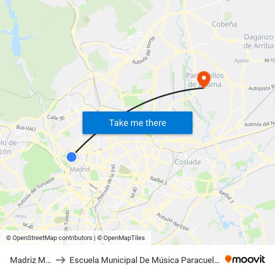 Madriz Madrid to Escuela Municipal De Música Paracuellos De Jarama map