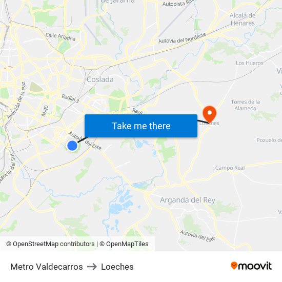Metro Valdecarros to Loeches map