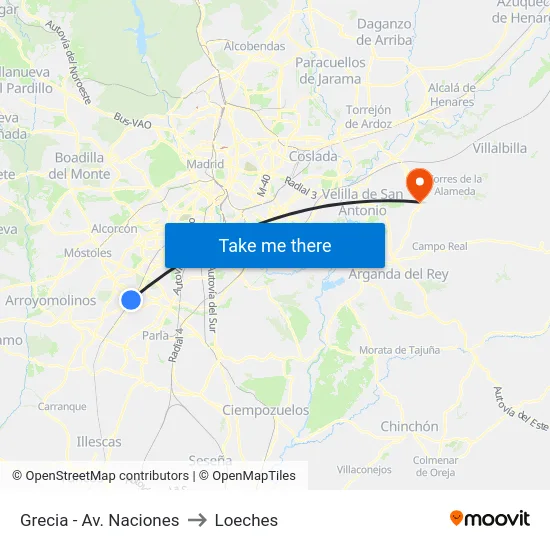 Grecia - Av. Naciones to Loeches map