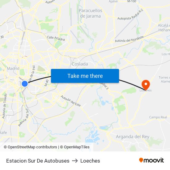 Estacion Sur De Autobuses to Loeches map